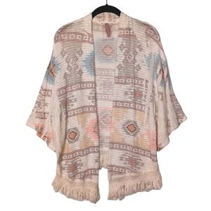 MAUVE Ivory Tan Tribal Geometric Print Fringe Hem Boho Open Shawl Large